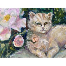 Tea, Cat and Roses - original 40 × 40 cm oil painting Tea, Cat and Roses - original 40 × 40 cm oil painting